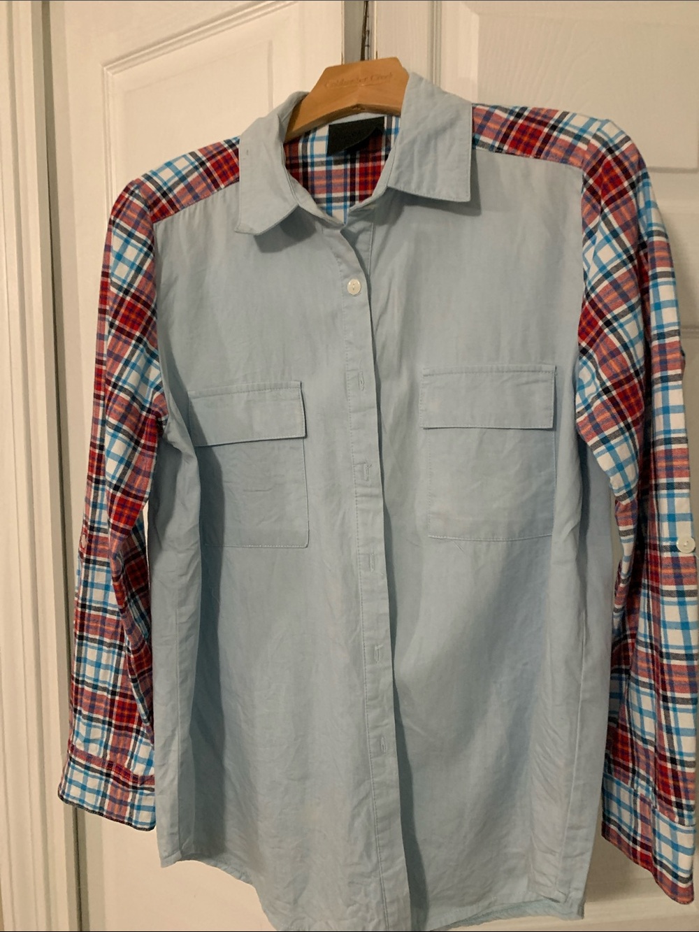 NIGHTWALKER Light Blue Shirt with Red & Blue Plaid Sleeves